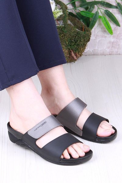 Ceyo Venice-15 Black Velcro Detailed Orthopedic Women's Slippers