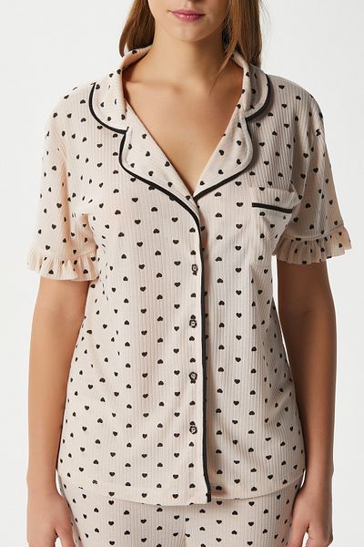 Ritnice Women's Ruffled Heart Pattern Powder Front Buttoned Short Sleeve Bottom Top Pajama Set
