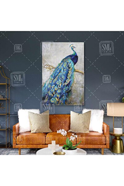 SML TABLO Yağlı Boya Efektli Daldaki Tavus Kuşu Hayvan Dikey Kanvas Tablo