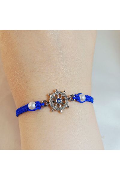 Crystal Atelier Unisex Zircon Stone Evil Eye Bead Rudder Figured Baroque Pearl Bead Blue Drawstring Macrame Braided Bracelet