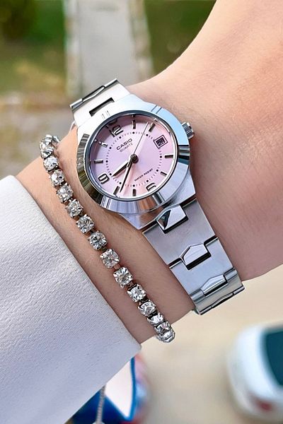 Casio Women's Wristwatch with Pink Dial Cord Metallic Color 24 Months Warranty