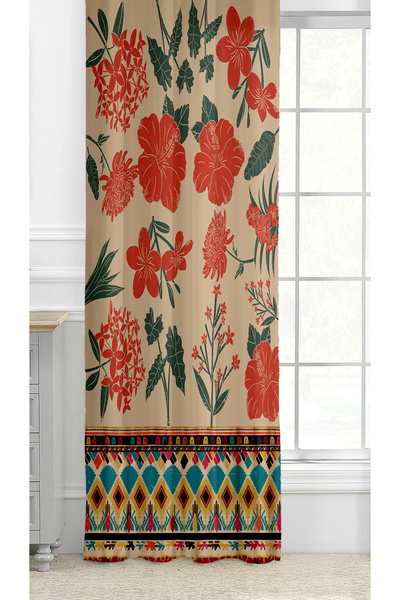 GREENDECOR Bohem Çiçek Yaprak Antika Desenli Özel Tasarım Dijital Baskılı (Tek Kanat) Modern Şık Tarz Fon Perde