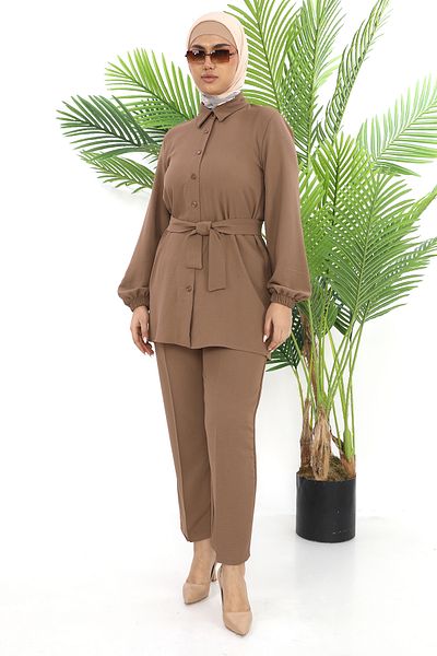 TUNİK Women's Brown Trousers Double Tunic Suit