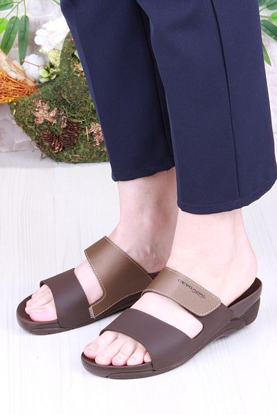 Ceyo Venice-15 Brown Velcro Detailed Orthopedic Women's Slippers