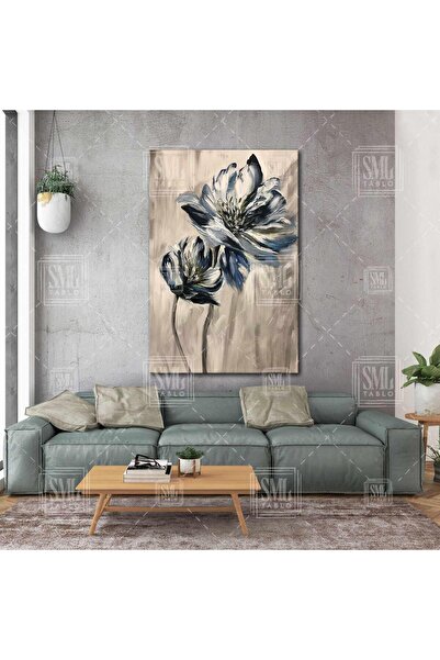 SML TABLO Mavi Beyaz Turkuaz Yağlı Boya Efetkli Çiçek Abstract Dikey Kanvas T...