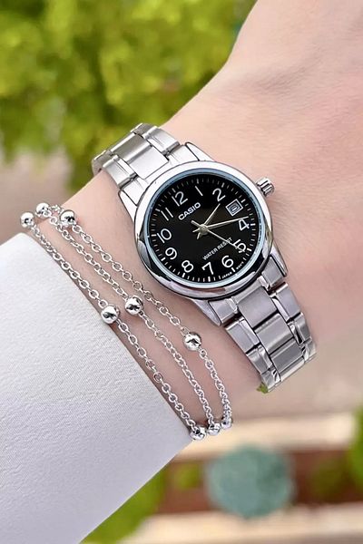 Casio Women's Wristwatch with Black Dial Cord Metallic Color Calendar 24 Months Warranty
