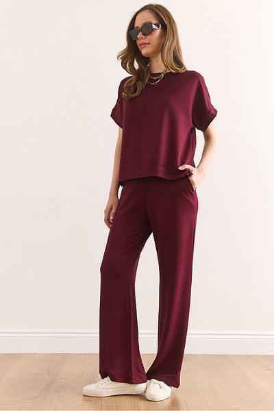 Olalook Women's Burgundy Top Blouse Bottom Pocket Trousers Set Tkm-19000378