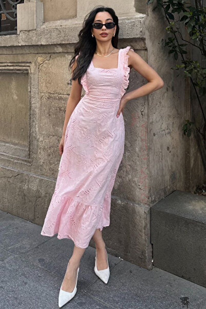 AYASOFYA OTANTIK Dámské růžové dlouhé šaty s mašlí na zavazování podšité bez ...