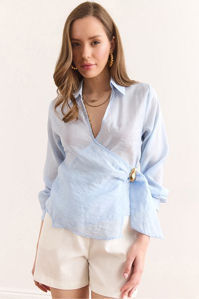 Olalook Γυναικεία Baby Blue Side Lacing Λεπτομερής Modal Μπλούζα BLZ-19002946