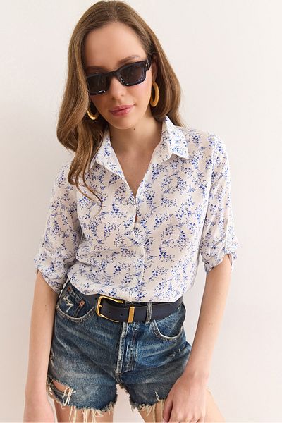 Olalook Γυναικείο μικροσκοπικό λουλούδι Navy Blue μανίκι διπλωμένο πουκάμισο χωρίς μανσέτες GML-