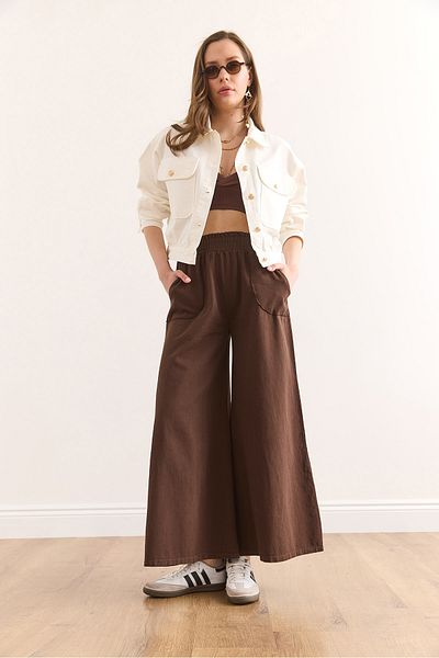 Olalook Women's Brown Elastic Waist Pocket Flared Leg Cotton Gabardine Trousers Pnt-19000314
