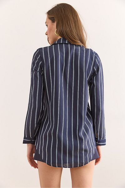 Olalook Women's Navy Blue Striped Flowy Modal Shirt Gml-19001337