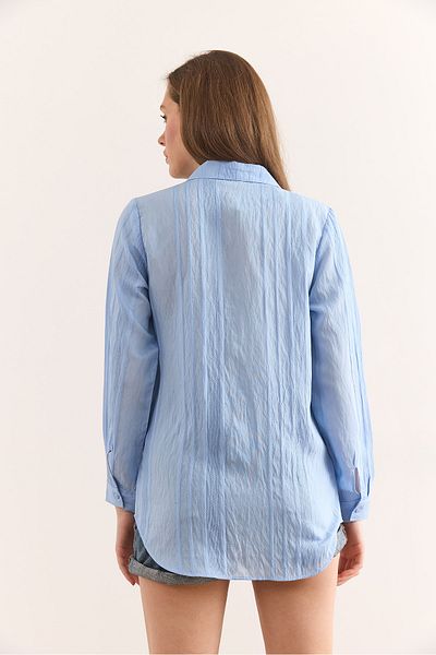Olalook Γυναικείο Baby Blue γεωμετρικό ριγέ πουκάμισο με λεπτομέρειες GML-19001335