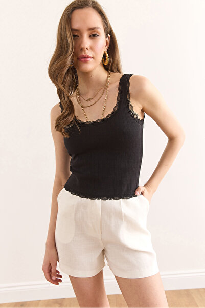 Olalook Women's Black Lace Detailed Openwork Cotton Crop Blouse Blz-19002941