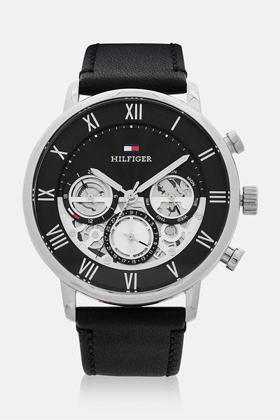 Tommy Hilfiger Men 1710565 Analog Leather Watch 44 Mm, Black