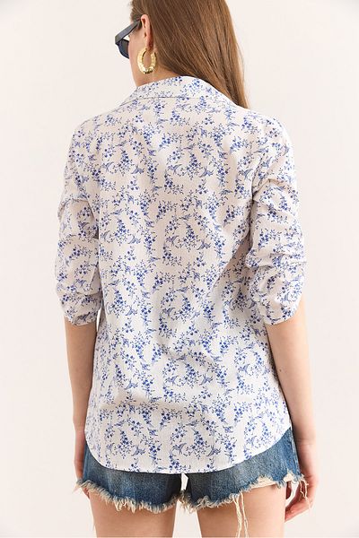 Olalook Γυναικείο μικροσκοπικό λουλούδι Navy Blue μανίκι διπλωμένο πουκάμισο χωρίς μανσέτες GML-