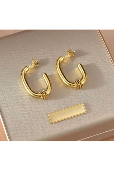 Çelik Elegant Oval Gold Steel Earrings