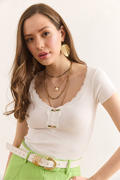 Olalook Women's White Collar Detailed Crop Camisole Blouse Blz-19002889