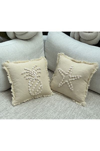 sevaradekor Seashell Bohemian Throw Pillow Cover Tasseled Pillow Case
