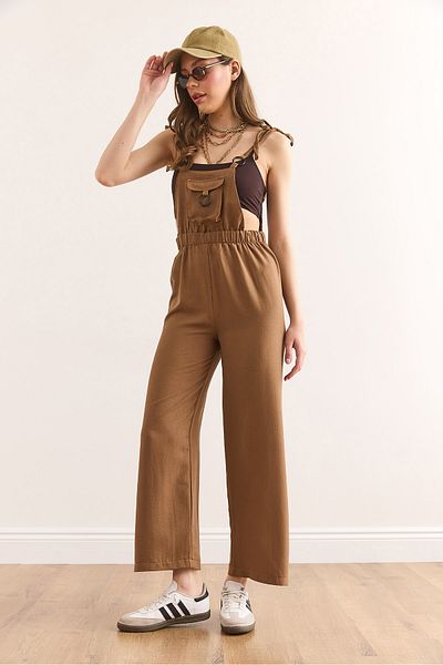 Olalook Women's Tan Strap Binding Detailed Ayrobin Jumpsuit Tlm-19000159