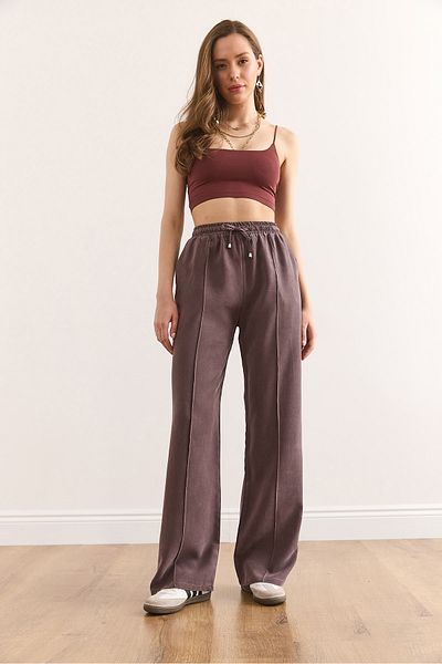 Olalook Women's Brown Elastic Waist Pocket Flowy Gabardine Trousers Pnt-19000336