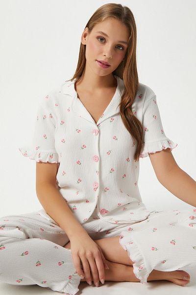 Ritnice Women's Enda Frilly Flower Pattern Bottom Top Pajama Set