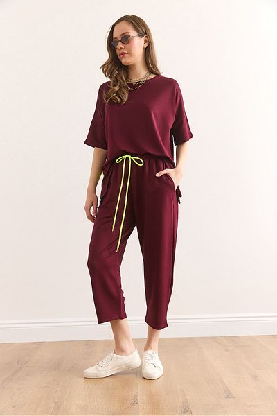 Olalook Women's Burgundy Asymmetrical Bluzlu Soft Textured Bottom Top Crystal Team Tkm-19000269