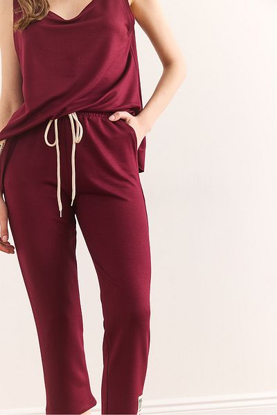Olalook Women's Burgundy Sleeveless Loose Blouse Bottom Top Crystal Set Tkm-19000271