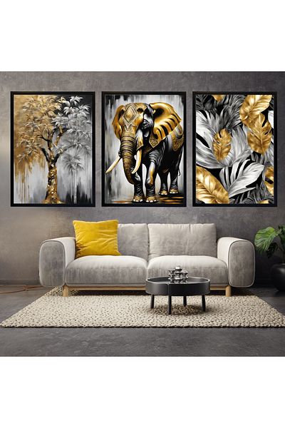 mixefor Set de 3 bucăți de pictură pe pânză înrămată - Set de decor de perete elefant Opțiune de cadru de culoare negru și auriu