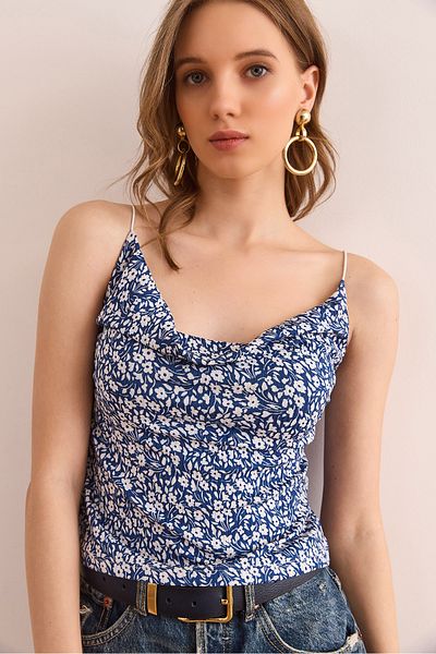 Olalook Women's Floral Indigo Degaje Collar Rope Strap Blouse Blz-19000987