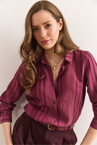 Olalook Kadın Bordo Geometrik Şerit Detaylı Dökümlü Gömlek GML-19001335