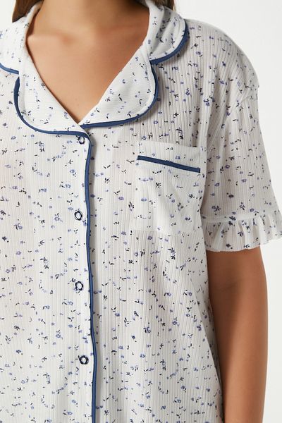 Ritnice Women's Ruffled Blue Tiny Floral Front Button Short Sleeve Bottom Top Pajamas Set