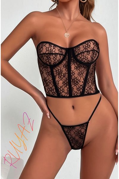 RUYAZ Stylish Black Lace Embroidered Strapless Corset Thong Suit Women's Lingerie