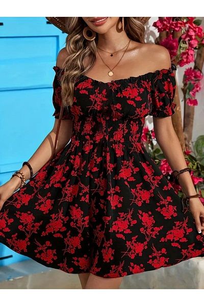 Masspera Madonna Collar Short Sleeve Waist Gimped Flower Pattern Mini Dress