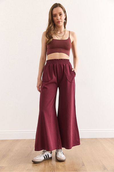 Olalook Women's Burgundy Elastic Waist Pocket Spanish Leg Cotton Gabardine Trousers Pnt-19000314