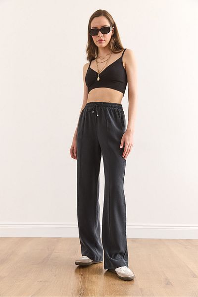Olalook Women's Anthracite Elastic Waist Pocket Flowy Gabardine Trousers Pnt-19000336