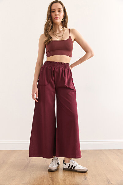 Olalook Kadın Bordo Beli Lastikli Cepli İspanyol Paça Pamuk Gabardin Pantolon PNT-19000314