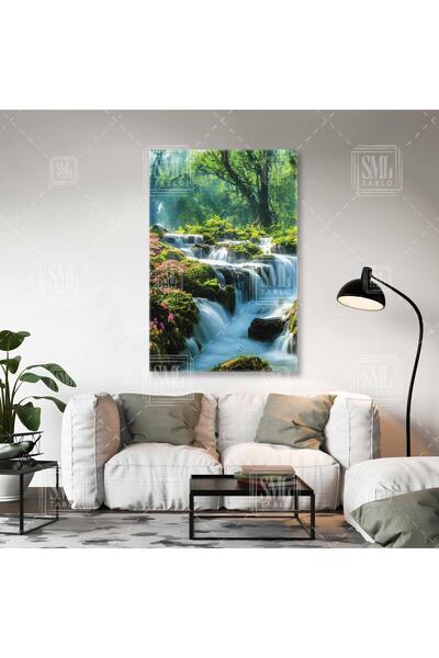 SML TABLO Şelale Doğa Manzarası Fırça İzleri Orman Nature Dikey Kanvas Tablo