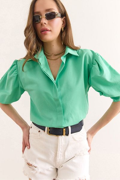 Olalook Women's Green Hidden Placket Balloon Sleeve Terry Cotton Shirt Gml-19001280
