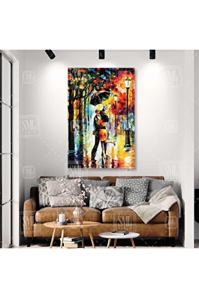 SML TABLO Şemsiye Altında Sarılan Romantik Çift Sonbahar Sokak Lambaları Dike...