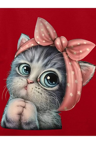 BEETON Cute Cat T-Shirt - Red Printed Oversize Crew Neck Short Sleeve T-Shirt
