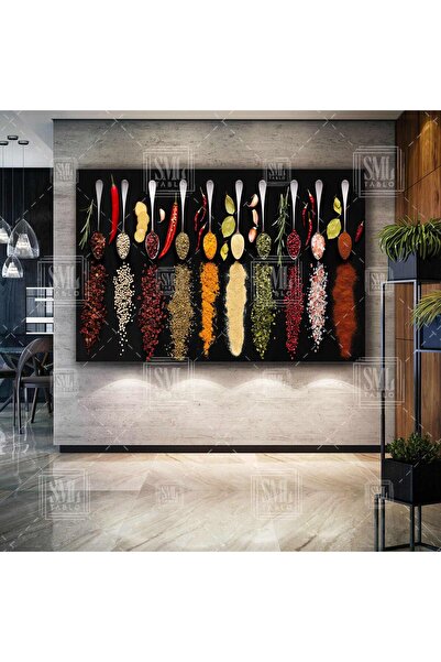 SML TABLO Kaşık Üzerindeki Yere Dökülmüş Bbaharatlar Mutfak Restorant Dekor Y...