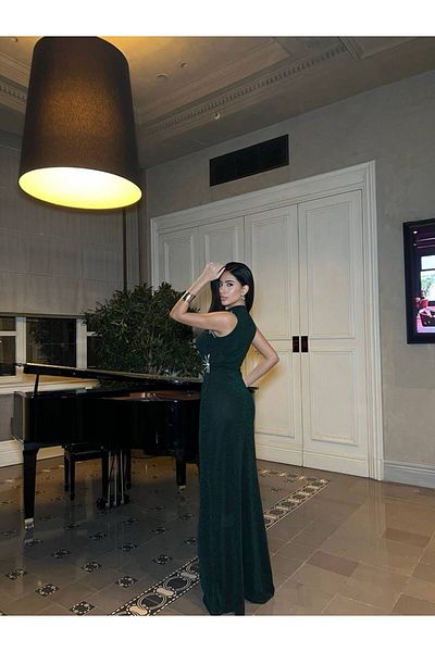 maf collection Women's Emerald Stand Collar Silvery Stone and Slit Detail Evening Dress