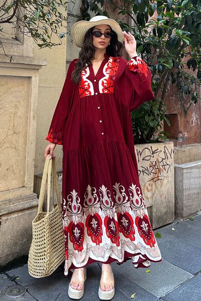 AYASOFYA OTANTIK Women's Burgundy Buttoned Placket Collar Ethnic Authentic Patterned Balloon Sleeve Loose Long Dress
