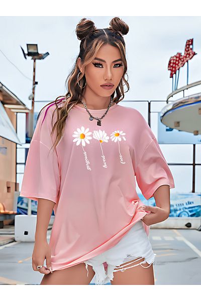BEETON Μπλουζάκι με στάμπα ροζ Oversize Daisies - Crew Neck, κοντομάνικο