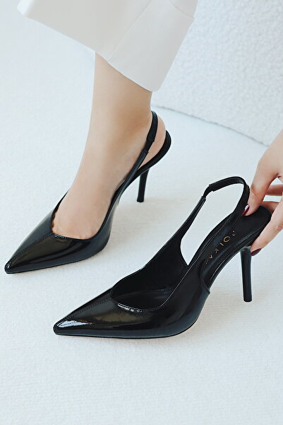 POLKA STORE Modesty Pointed Toe Satin V Low-Cut Stitching Detail Back Open Stiletto Evening Dress Heeled Women's Shoes