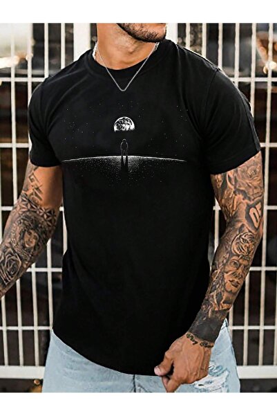 Man in the Moon T-Shirt- Black Printed Oversized Crew Neck Short Sleeve T-Shirt