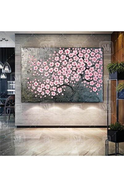 SML TABLO Pembe Kiraz Çiceği Ağacı Yatay Kanvas Tablo