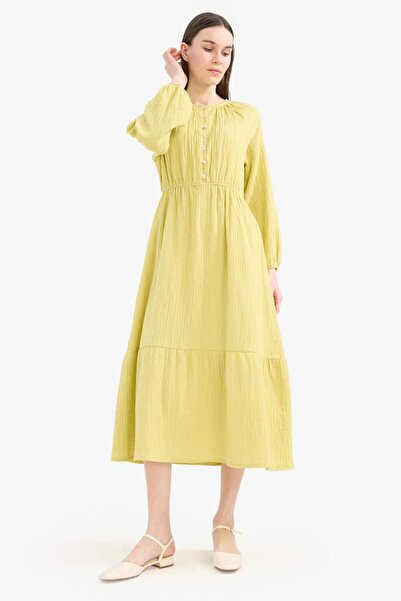 DeFacto Relax Fit Bisiklet Yaka Müslin Uzun Kollu Maxi Tesettür Elbise D0570ax25sm