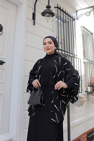 QUAWEAR Relaxed Fit Short Sleeve Patterned Kimono with Lace-Up Waist Skirt Set of Two